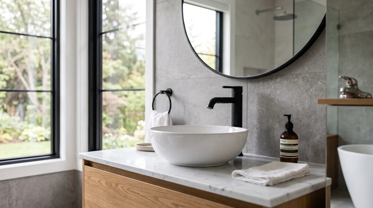 Modern bathroom with a matte black faucet on a floating vanity, illustrating bathroom faucet lifespan, maintenance, and replacement in Canadian homes.