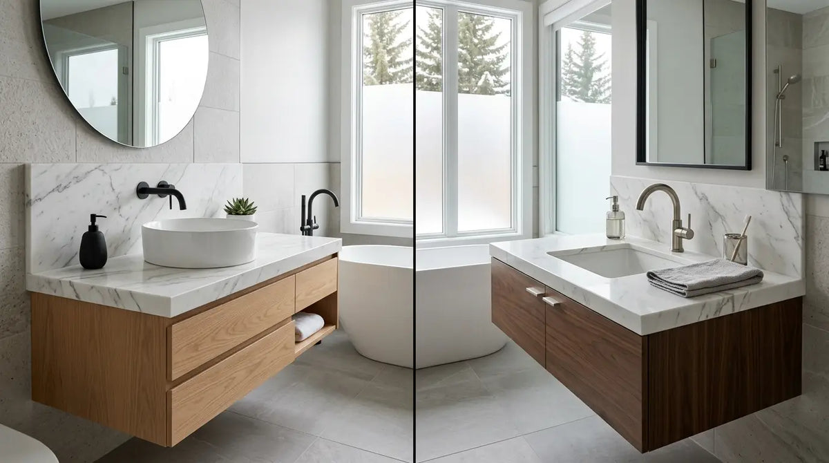 split scene luxury bathroom comparison showing a modern white ceramic vessel sink on a floating wood vanity with tall matte black faucet on one side and a sleek drop-in sink with brushed nickel faucet on the other side
