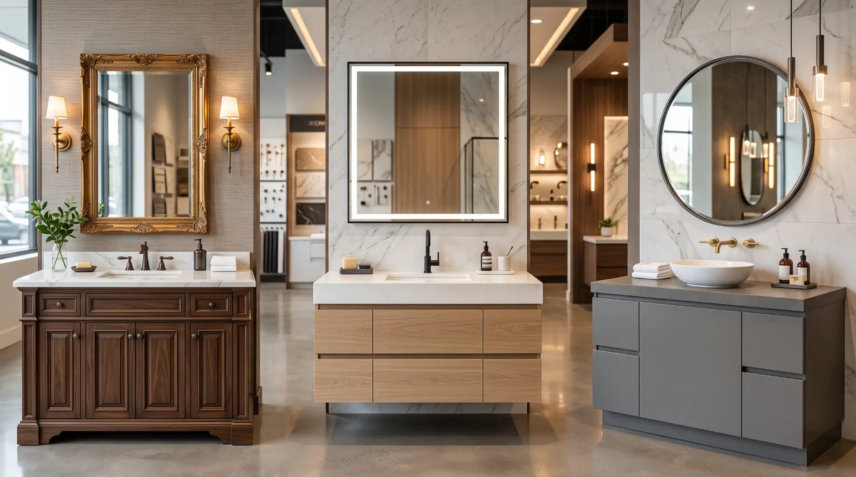 Comparison of premium James Martin, Blossom, and Fresca bathroom vanity styles in a luxury showroom setting.