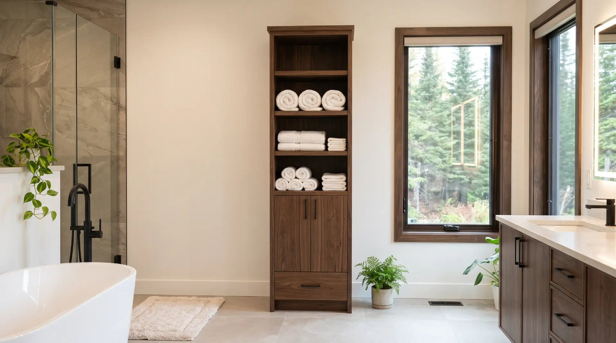 Clean, modern Canadian bathroom showcasing a tall freestanding black walnut linen tower next to a floating vanity with neatly stacked white bath towels.