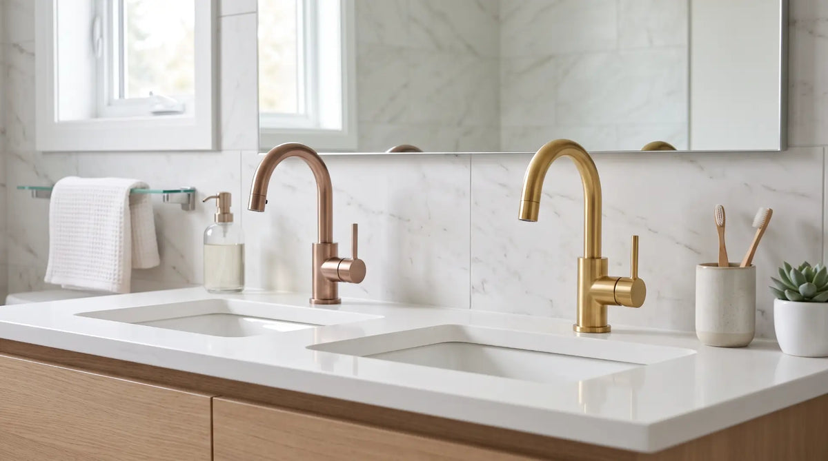 Side-by-side comparison of champagne bronze and brushed gold bathroom faucets showing the subtle difference in warm metallic finishes.