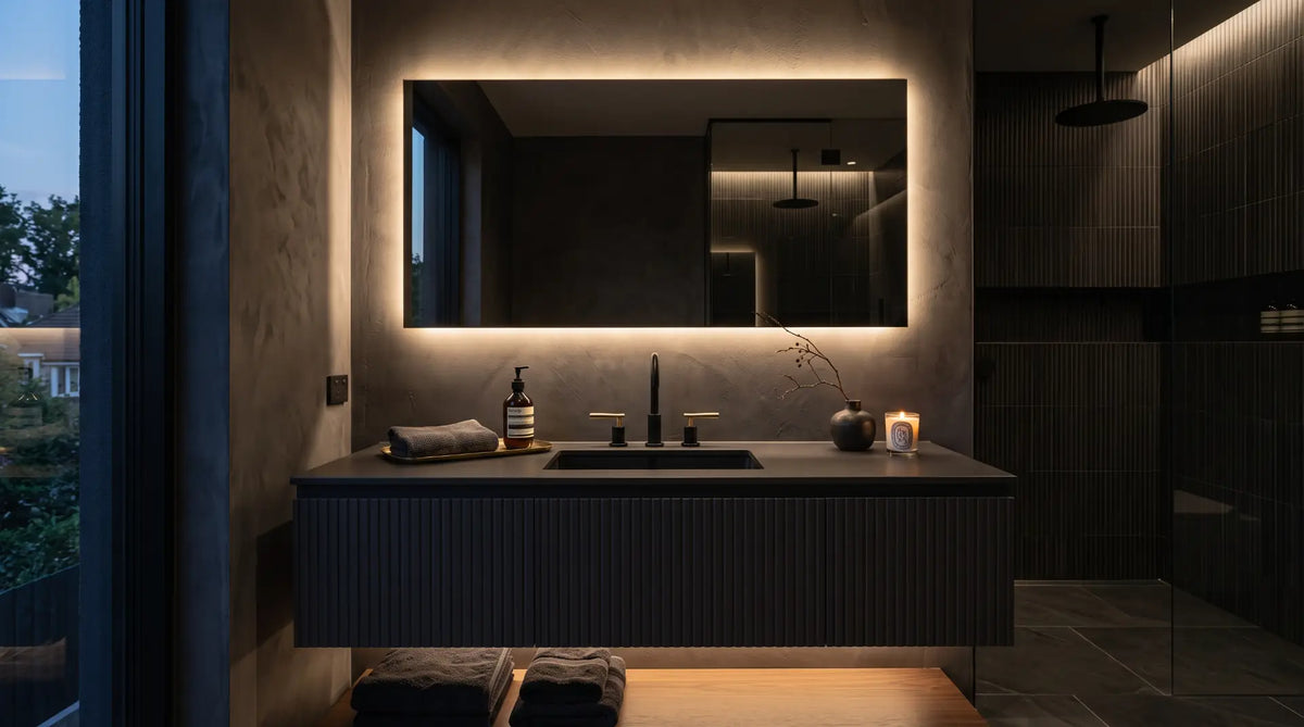 Modern dark and moody bathroom featuring a charcoal vanity, matte black faucet with gold accents, and warm layered lighting for a luxury spa aesthetic.