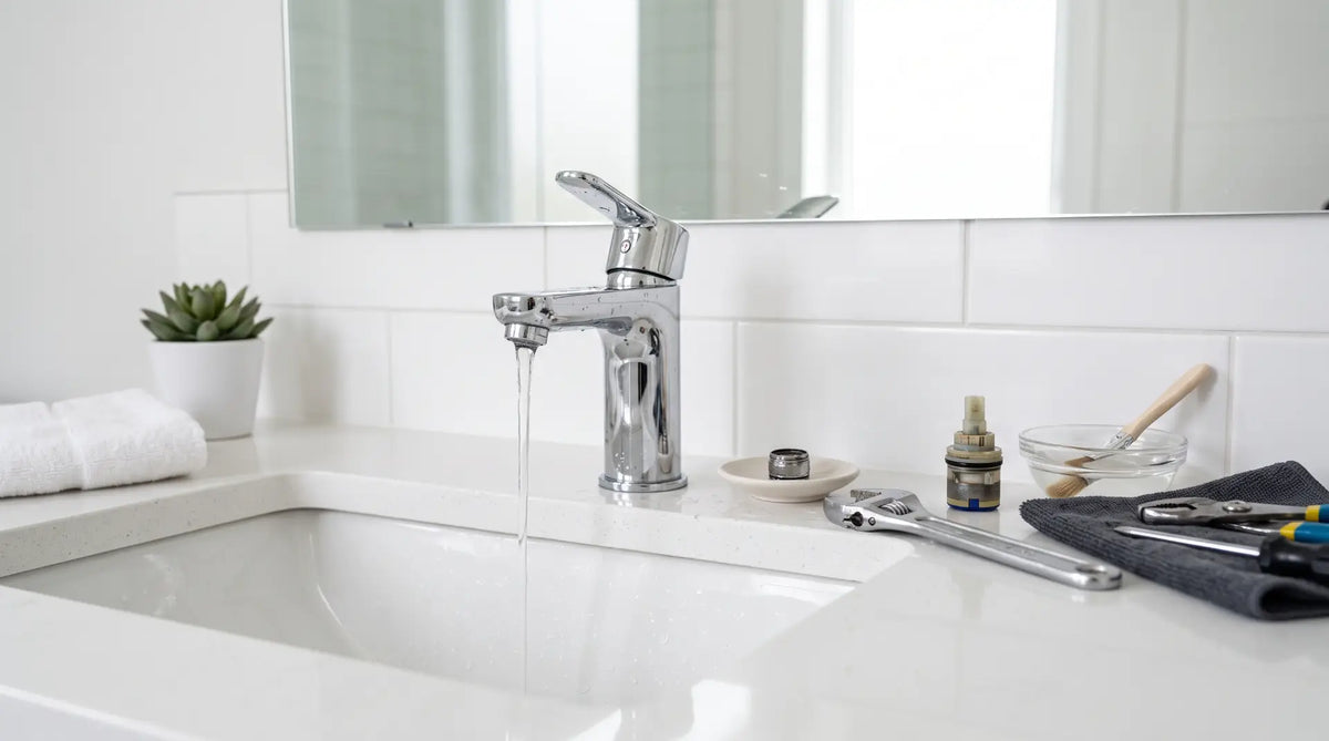 DIY guide showing a bathroom faucet with low water pressure alongside an aerator and plumbing tools used to diagnose and fix weak water flow.