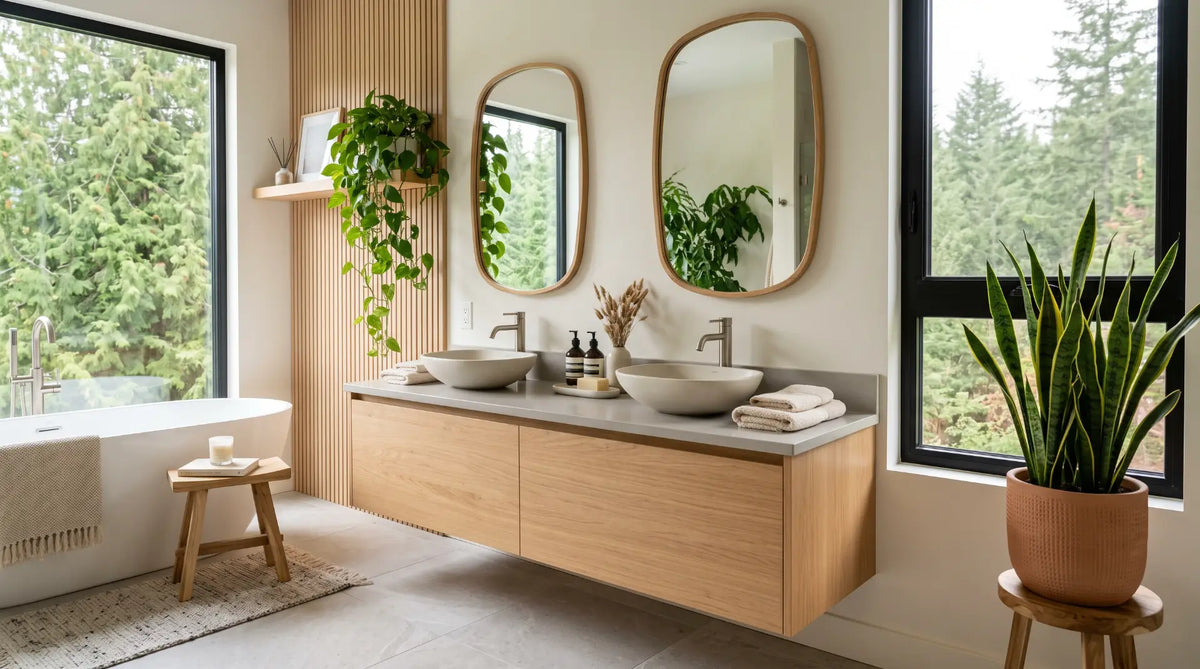 Modern biophilic bathroom design featuring a natural wood vanity, thriving indoor plants, and organic curves.