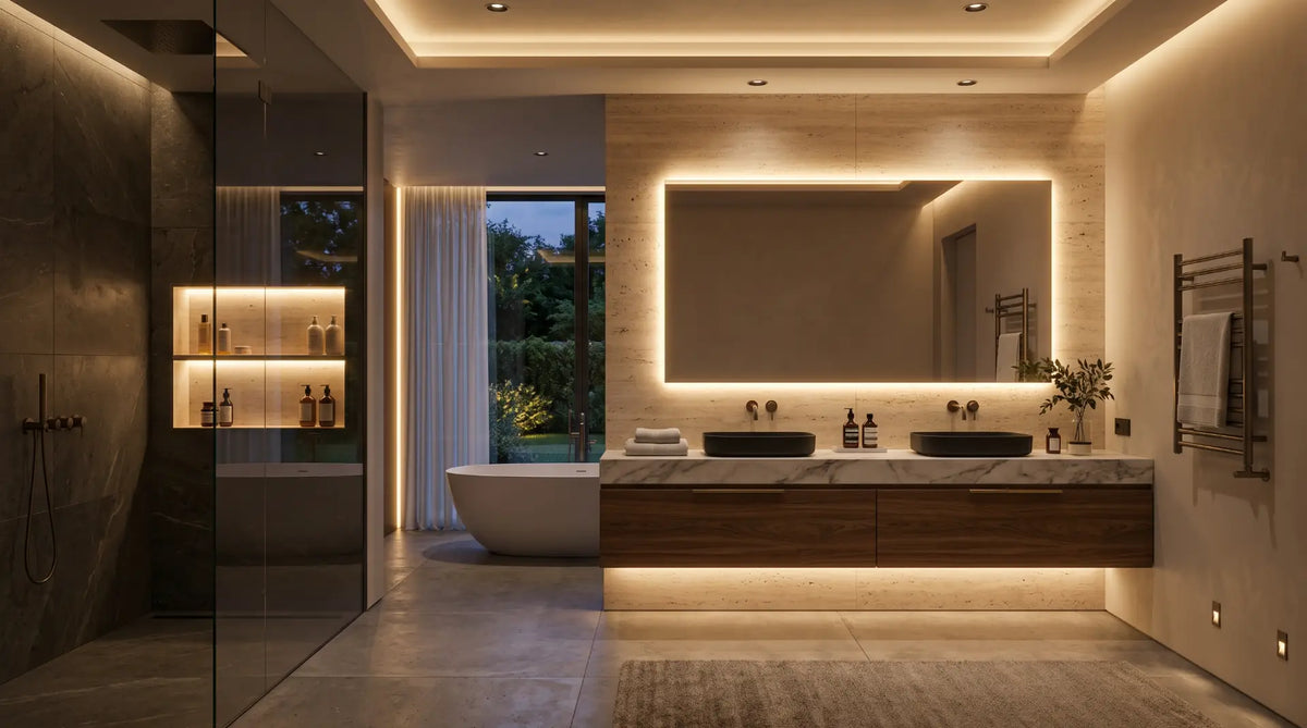 Modern bathroom with LED accent lighting under a floating vanity, inside a shower niche, and behind a mirror creating a warm, spa-like atmosphere.