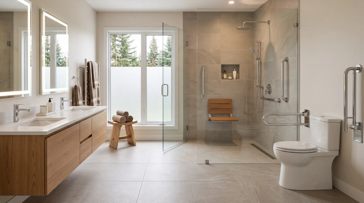 Bright and modern accessible Canadian bathroom showcasing a curbless walk-in shower with a folding teak seat, slide-bar hand shower, and brushed metal safety grab bars.