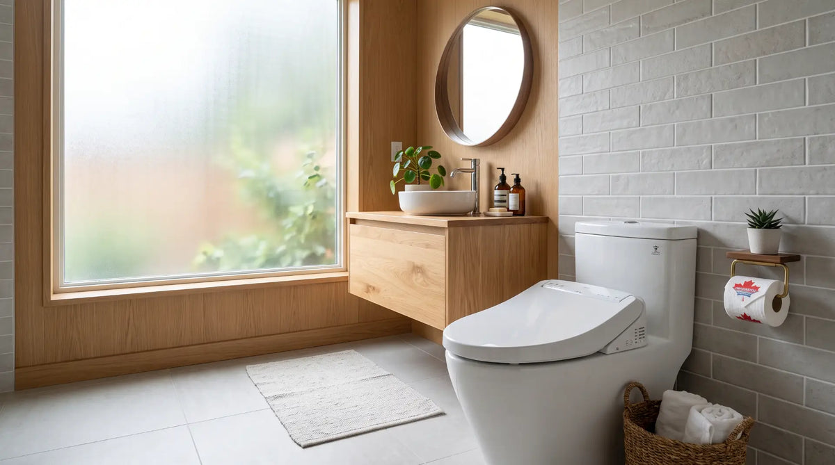 A modern white toilet with an electronic bidet seat installed in a contemporary Canadian bathroom.