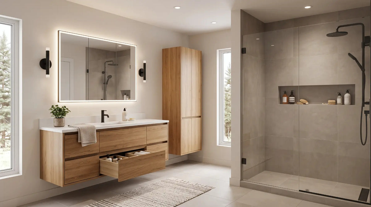 Clean, modern Canadian bathroom showcasing an organized wall-mounted vanity with soft-close drawers, a tall side linen cabinet, and floating glass shelves.