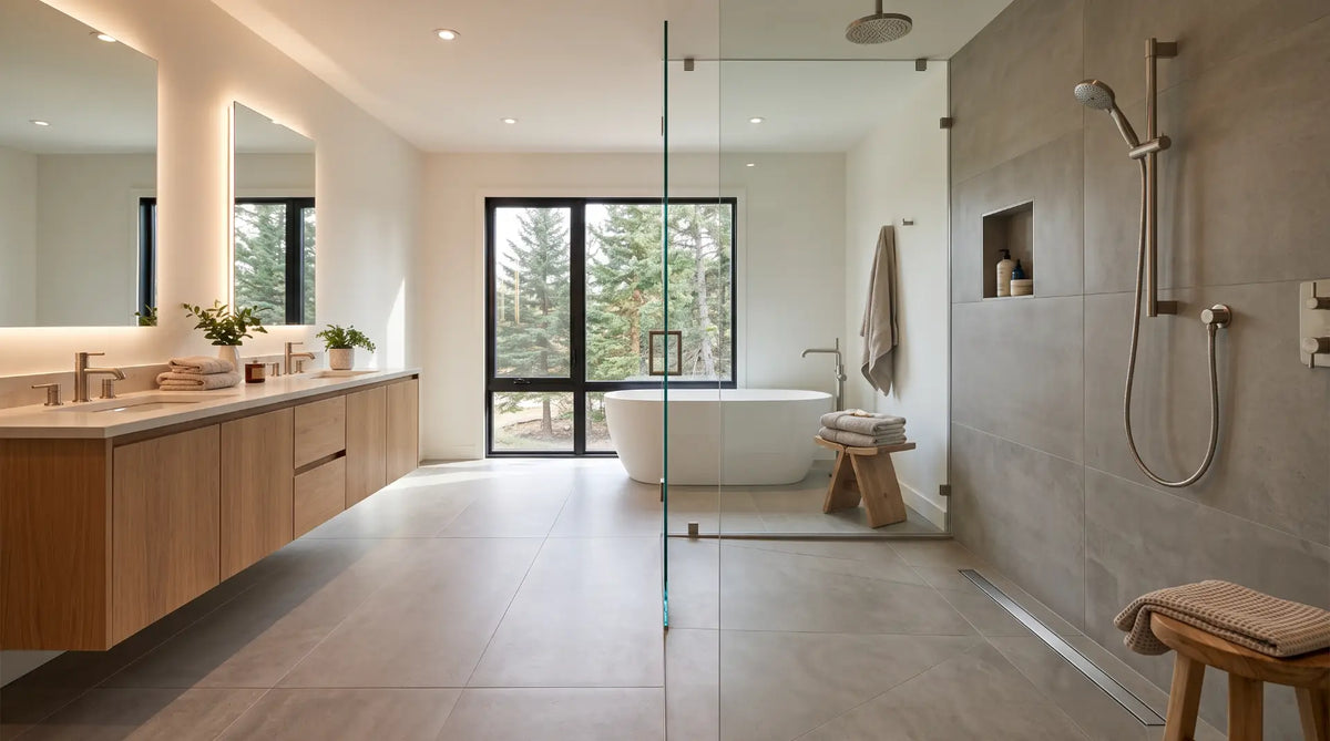 Modern barrier-free curbless walk-in shower featuring a stainless steel linear floor drain, large-format porcelain tiles, and a clear frameless glass partition.