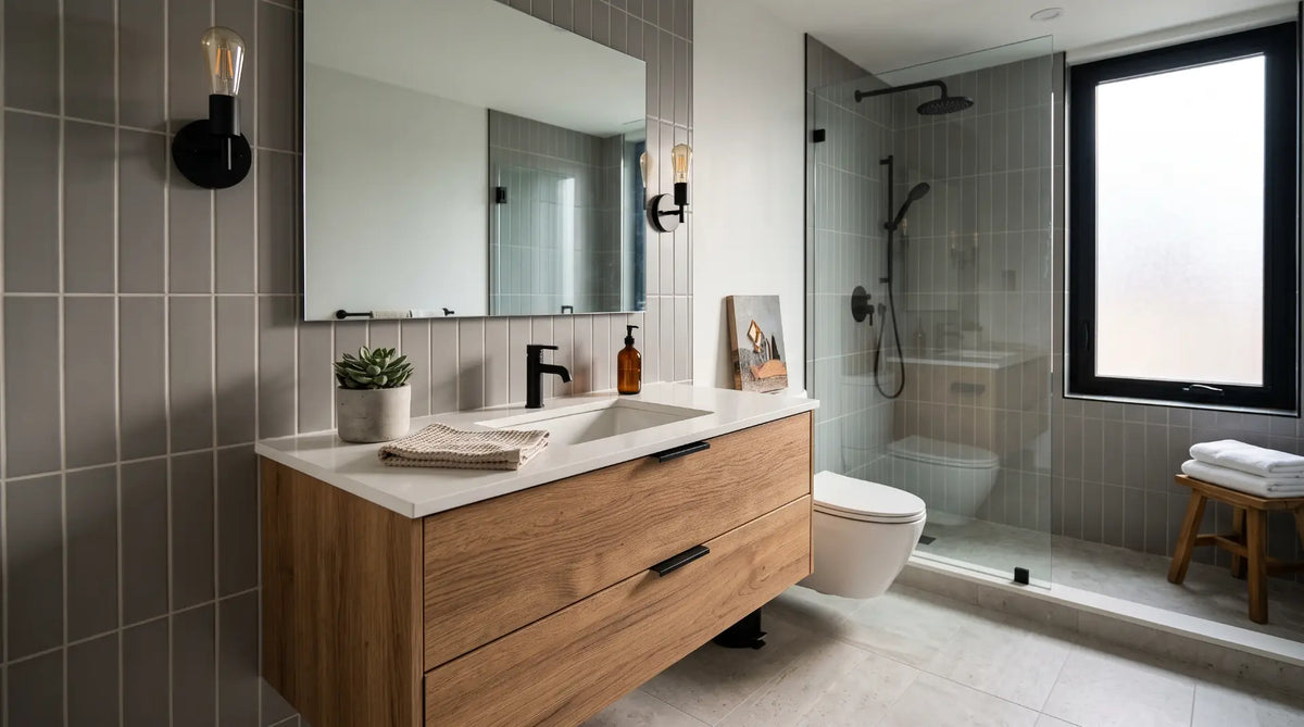 Compact floating bathroom vanity with quartz countertop designed for a small Canadian bathroom renovation.