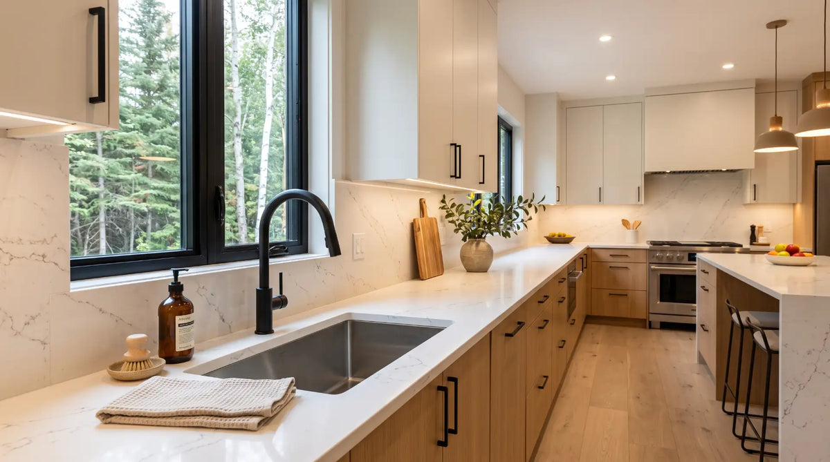 Modern Canadian kitchen featuring a stainless steel undermount sink, sleek pull-down faucet, quartz countertops, and warm wooden cabinetry.