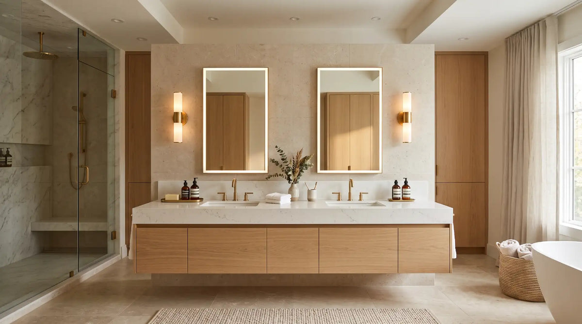 A modern Canadian bathroom featuring warm-gold sconces and LED mirrors mounted at eye level above a light oak vanity.