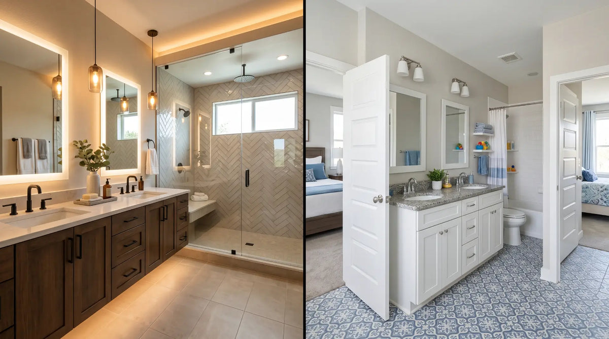 Split comparison image showing a modern master ensuite bathroom on the left with double vanity, walk-in shower, and warm lighting, and a Jack and Jill bathroom on the right with two doors, shared double vanity, and family-friendly design