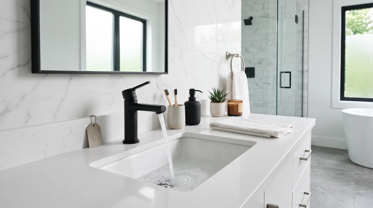 Modern WaterSense certified bathroom faucet with an aerated water stream installed on a contemporary vanity in a Canadian bathroom.