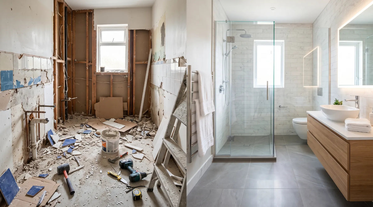 messy bathroom renovation scene, broken tiles, exposed pipes, tools scattered, half-finished bathroom vs clean modern finished bathroom, bright lighting, realistic photography, no text