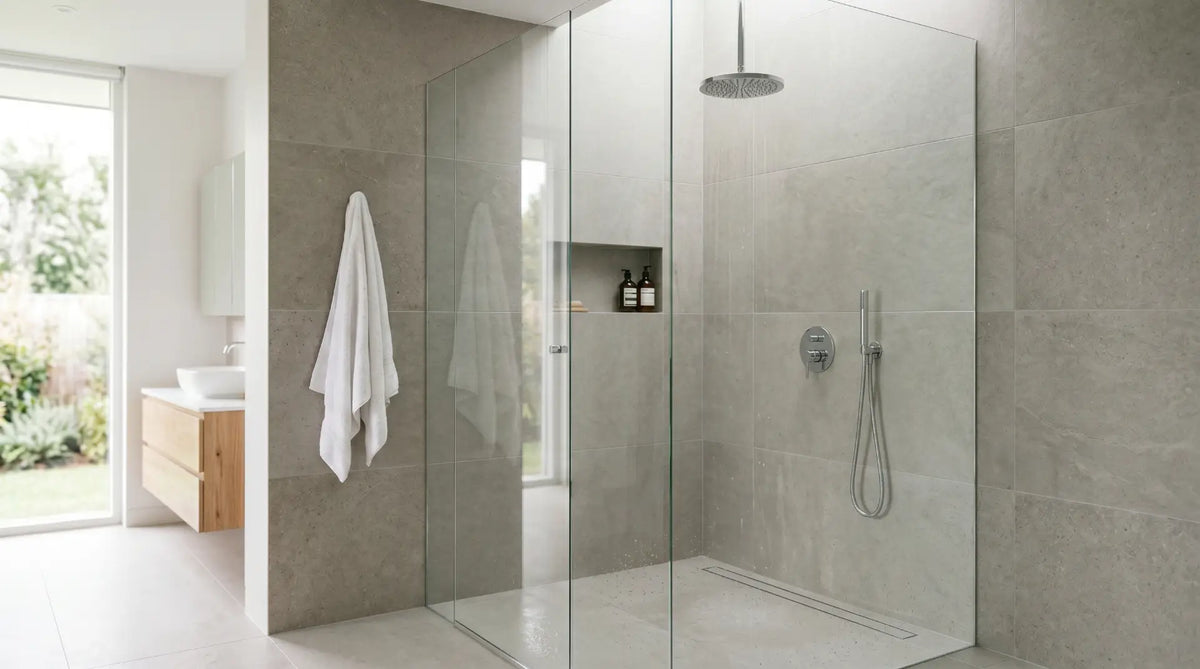 modern walk-in shower interior with frameless glass, rainfall shower head, large format tiles
