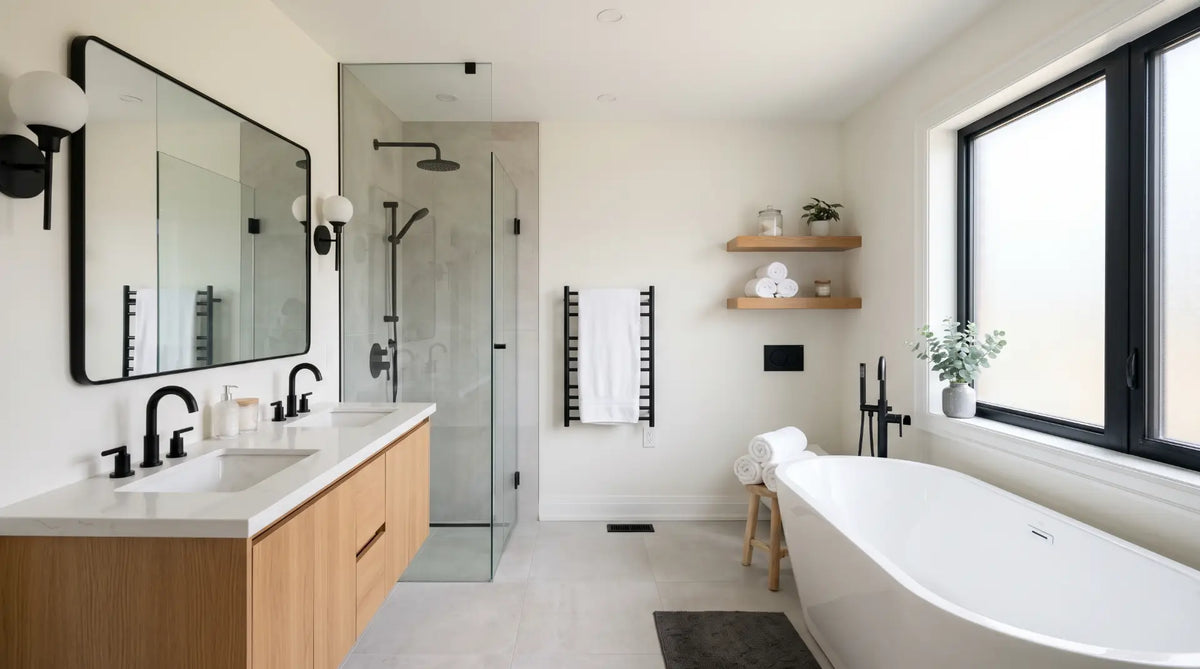 A bright modern bathroom with warm white walls, light grey accents, matte black fixtures, clean minimal design, soft natural lighting, Canadian home style