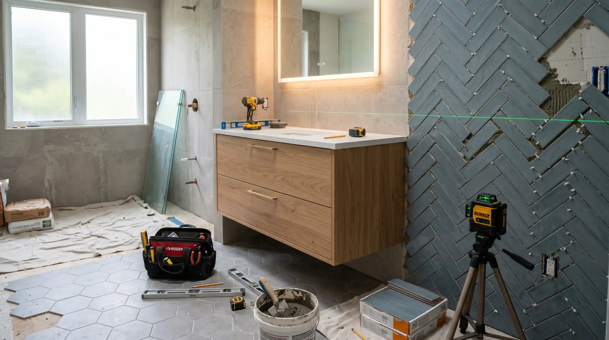 modern Canadian bathroom renovation scene showing a partially completed bathroom with tools, tiles, and a floating vanity installation in progress