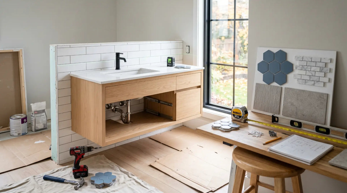 A modern bathroom renovation scene showing tools, tile samples, measuring tape, and a partially completed vanity installation