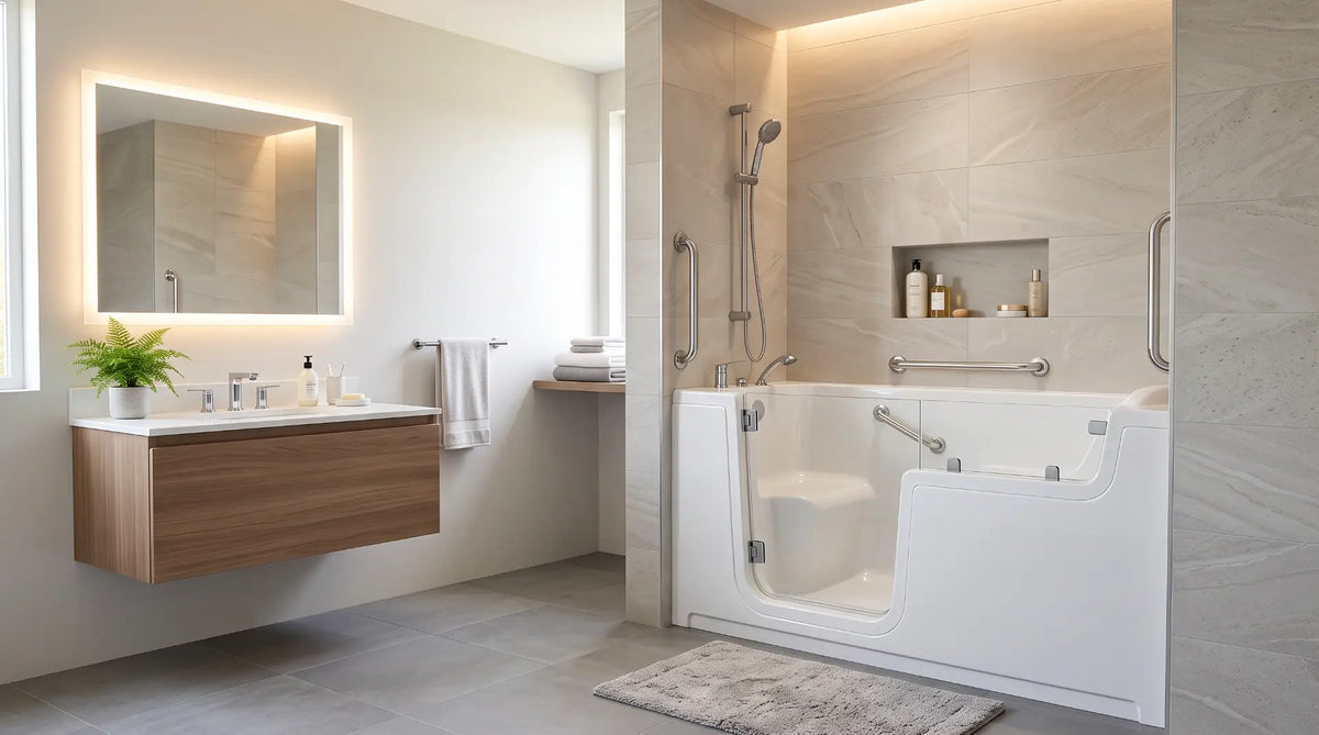 Modern accessible bathroom featuring a white walk-in bathtub with a watertight glass door, built-in seat, and handheld shower fixture.