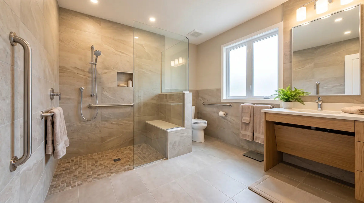 Bright, accessible Canadian bathroom featuring a secure polished chrome ADA grab bar and a convenient multifunction hand shower.