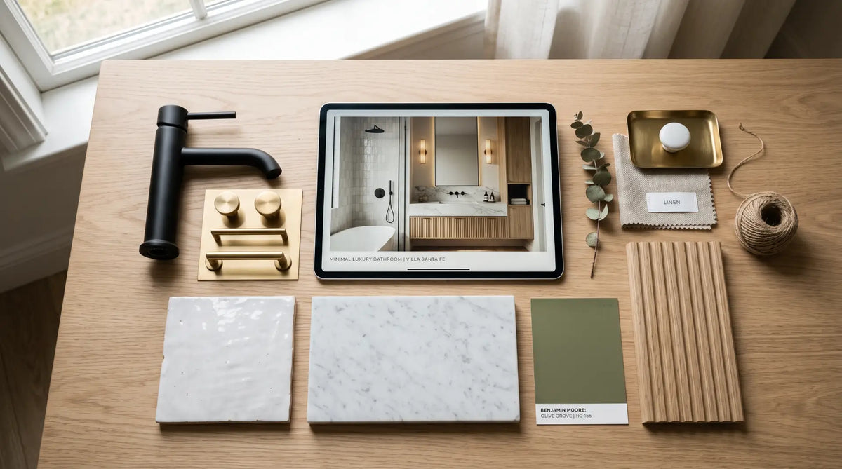 A flat lay bathroom mood board on a light oak table featuring tile samples, metal hardware finishes, paint swatches, and a digital design plan on a tablet.
