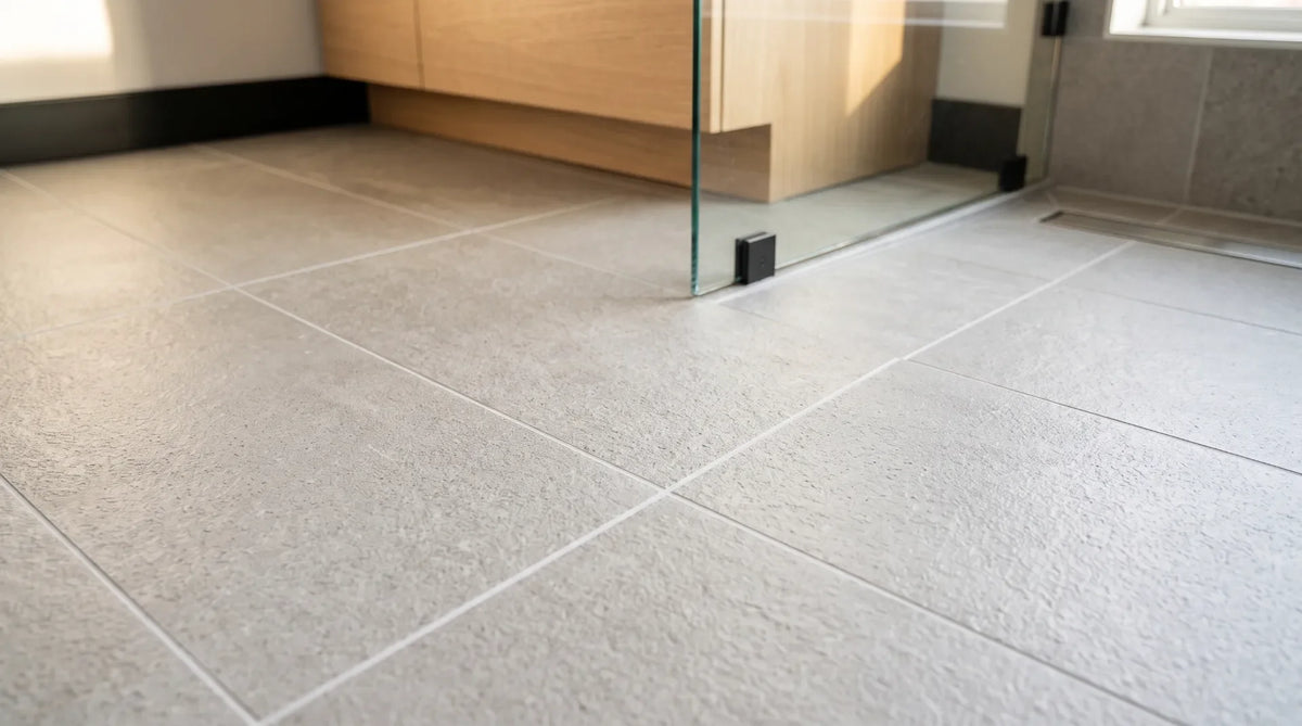 Close-up of matte textured light gray porcelain floor tiles providing a slip-resistant surface in a modern Canadian bathroom.