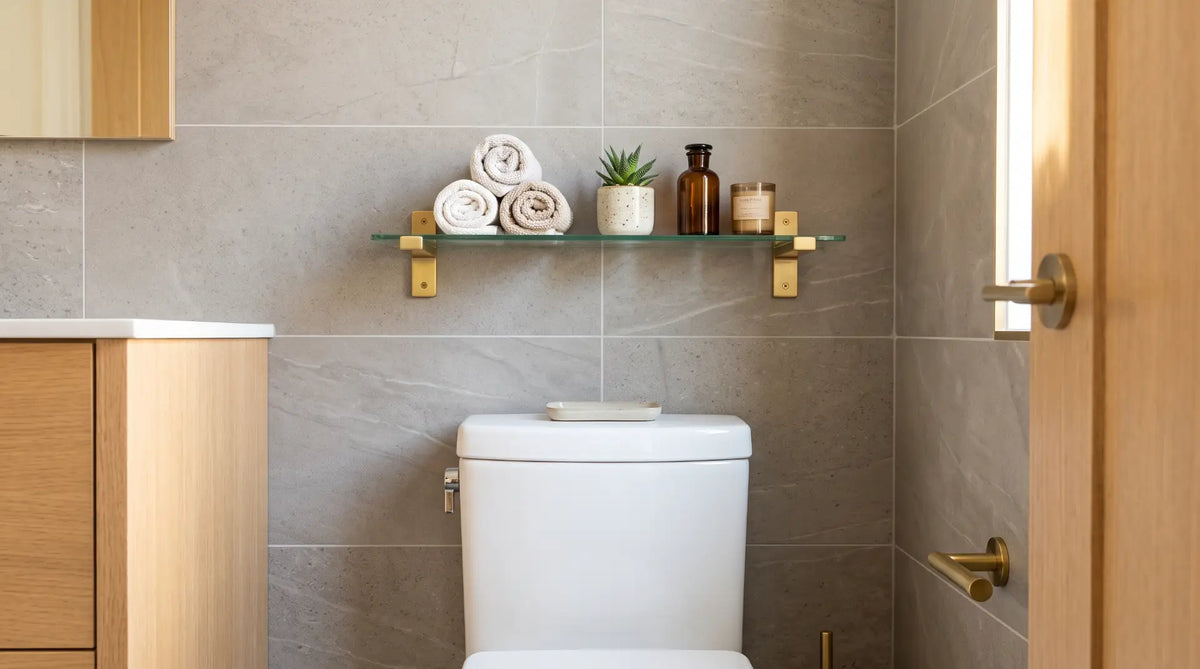 Clean, modern small Canadian bathroom showcasing a wall-mounted glass shelf with neatly arranged accessories positioned above the toilet tank.