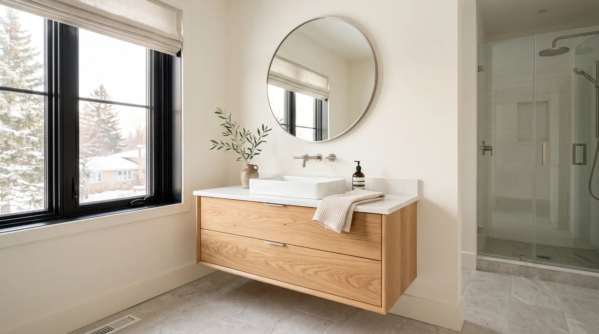 Modern Scandinavian-style bathroom featuring a light oak floating vanity, warm white walls, and brushed nickel hardware in a bright Canadian home.
