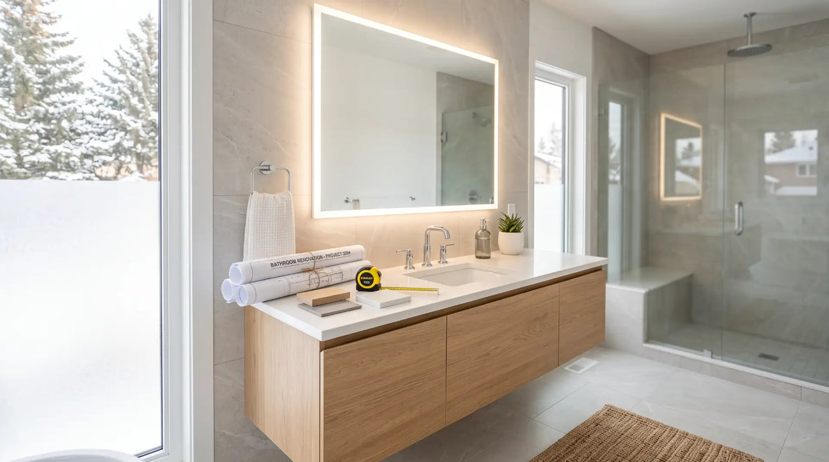 Modern Canadian bathroom renovation with a floating oak vanity, quartz countertop, LED mirror, and renovation plans on the countertop.