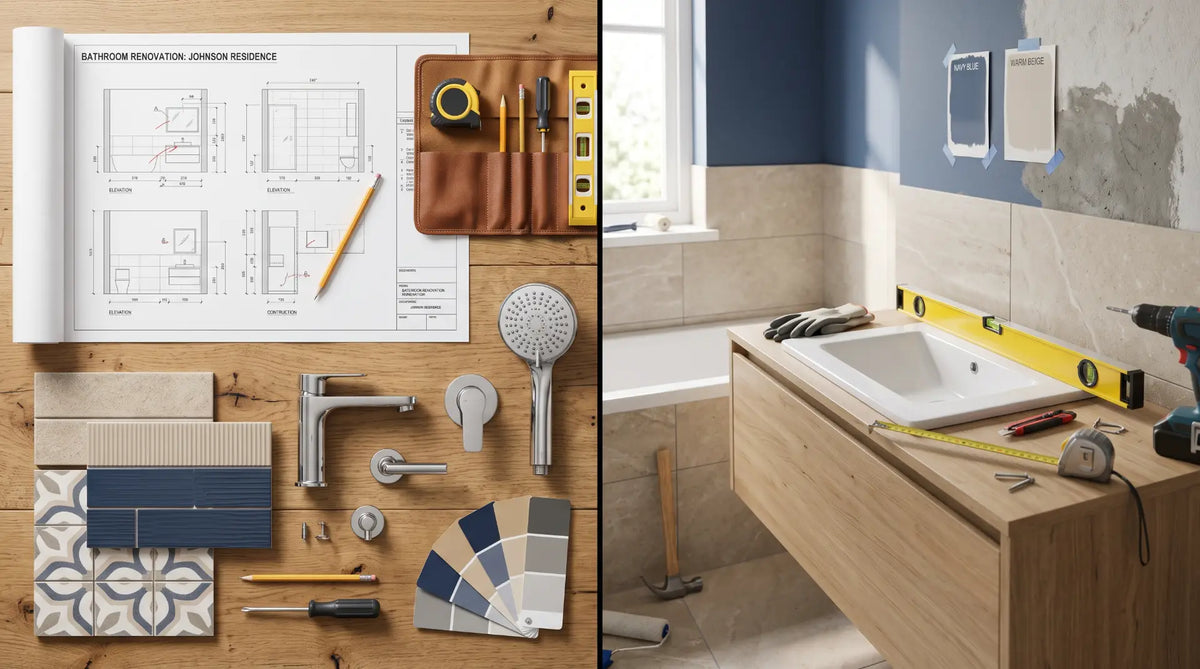 Comparison visual of DIY tools and professional bathroom contractor blueprints for a modern Canadian bathroom renovation.