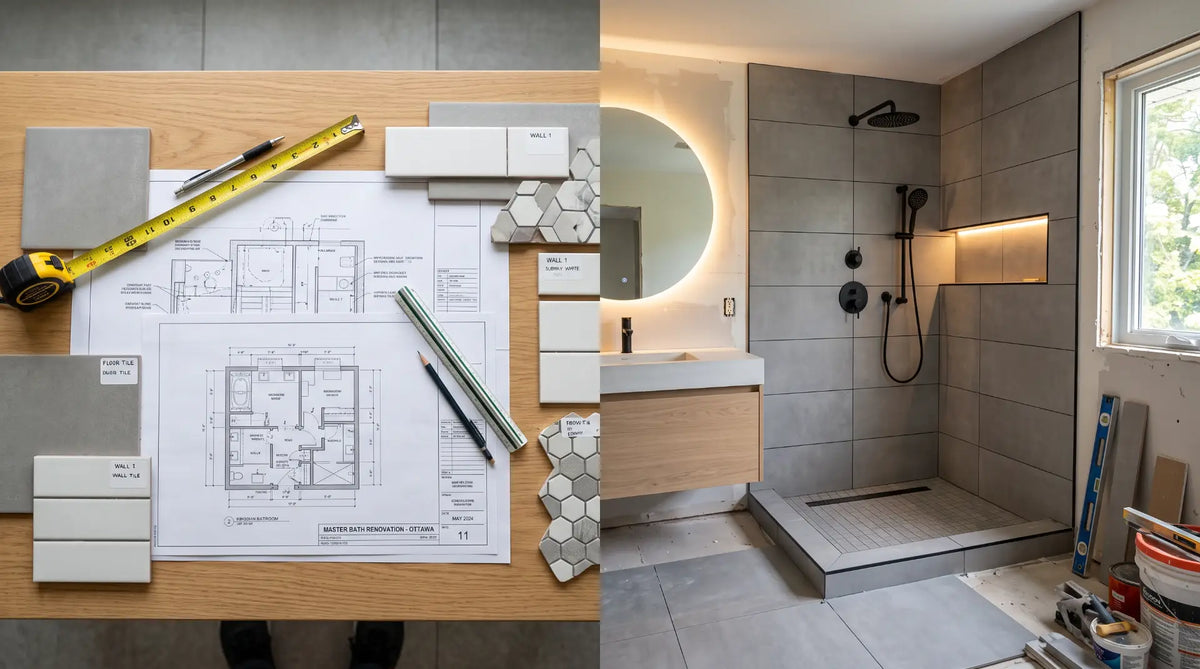 Modern Canadian bathroom renovation planning layout with blueprints, ceramic tiles, matte black fixtures, and floating vanity.