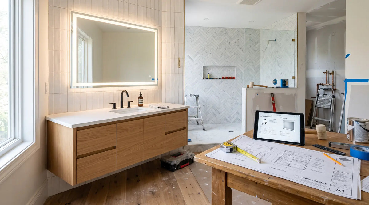 Modern bathroom vanity with matte black faucet, illuminated mirror, and renovation planning tools like measuring tape and blueprints on a table.