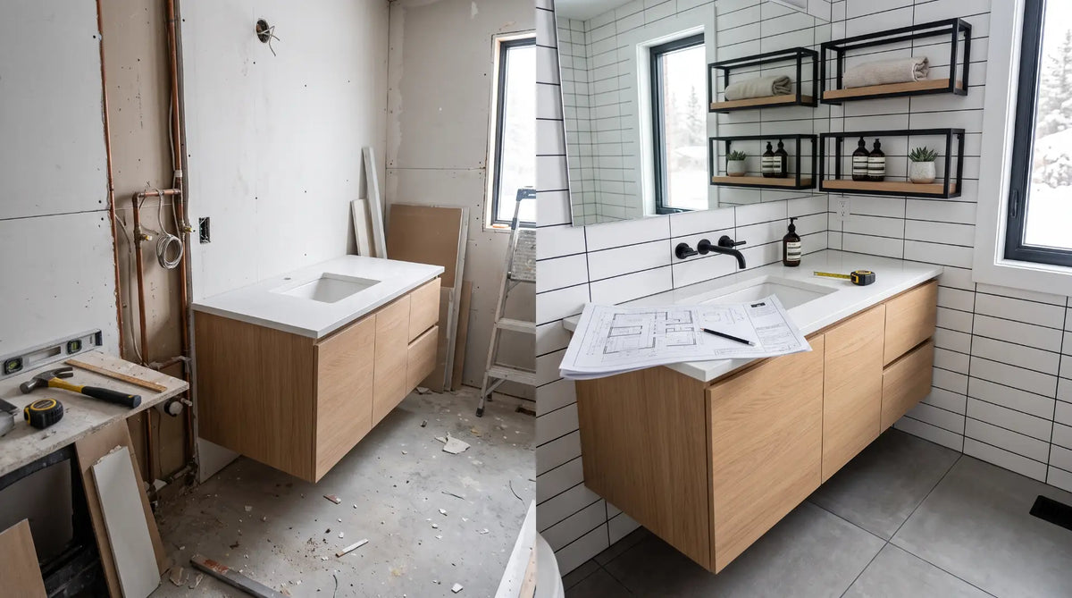 Detailed step-by-step Canadian bathroom renovation timeline showing fixtures, tiling, and layout planning on a modern bathroom project