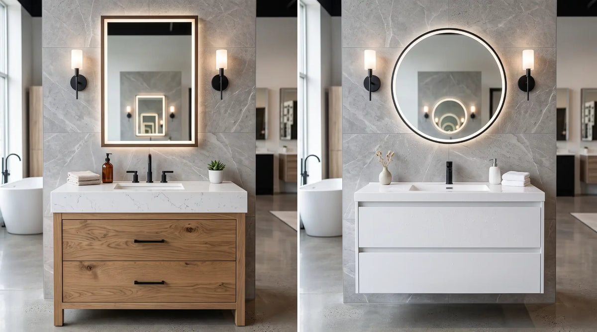 Side-by-side comparison of solid wood and PVC bathroom vanities in a modern Canadian bathroom showroom.