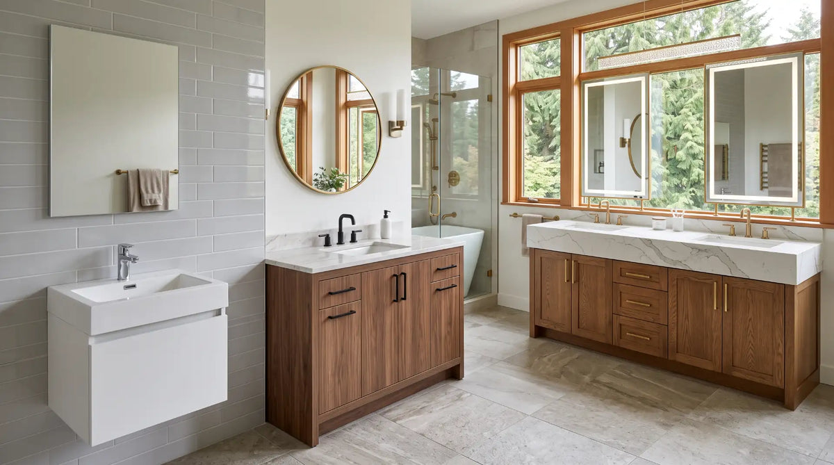 Bathroom vanity cost comparison in Canada showing budget, mid-range, and premium bathroom vanity styles with different materials, sizes, and countertop options.