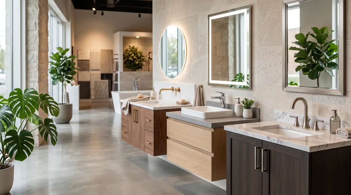 Three premium bathroom faucet styles representing Riobel, TOTO, and Moen displayed side by side in a modern Canadian bathroom showroom.