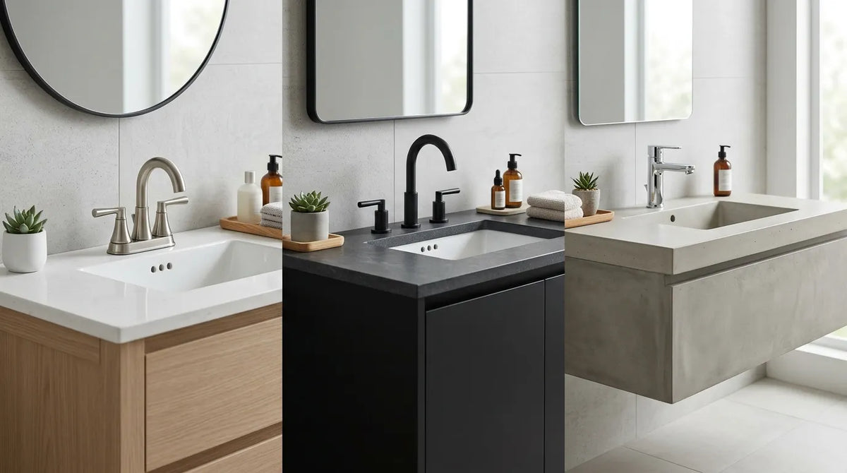 Modern bathroom vanity setup showing different faucet types including centerset, widespread, and single-hole faucets, clean white sink with wood vanity