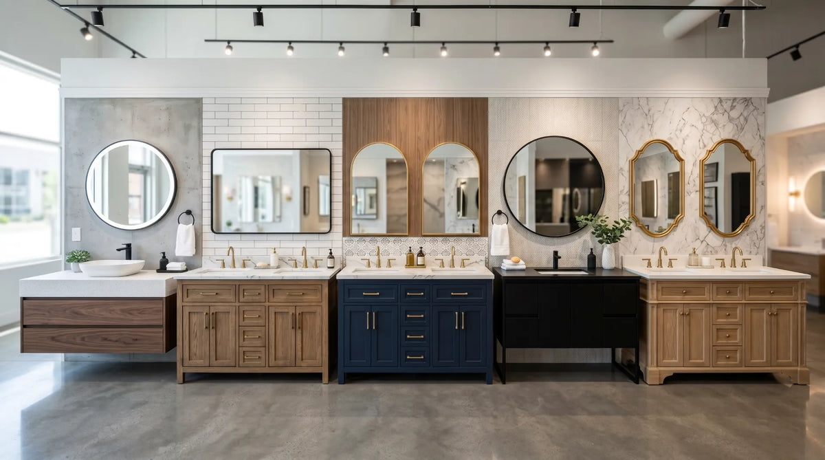 Comparison of premium bathroom vanity brands in Canada featuring modern and traditional vanity designs with quartz countertops and designer finishes.