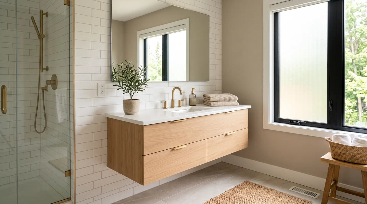 Modern Canadian bathroom design featuring a light-oak floating vanity, brushed gold fixtures, and bright natural lighting.
