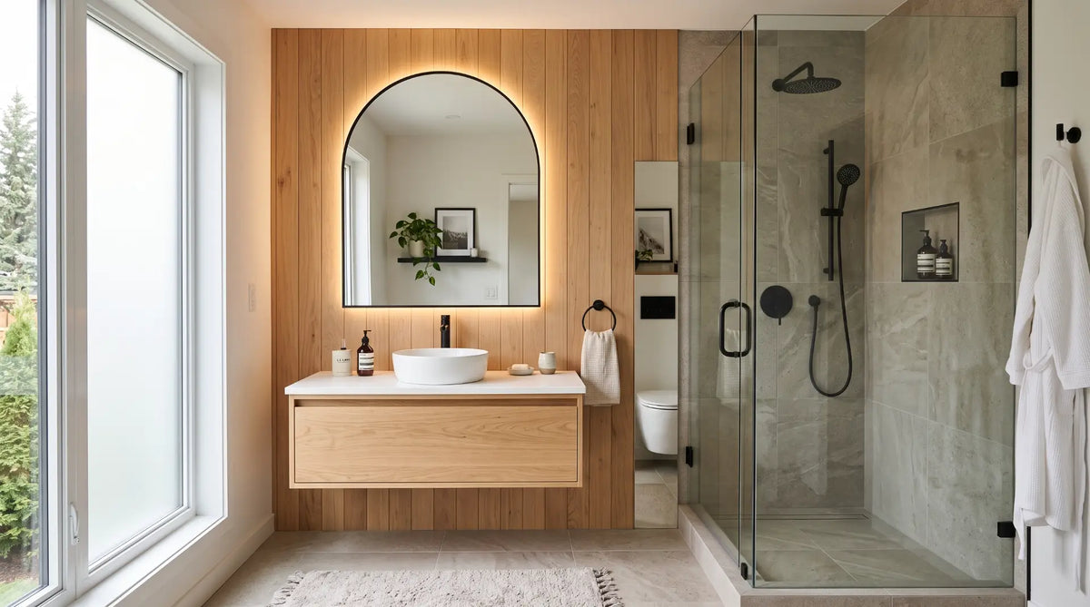 Affordable luxury bathroom design featuring a warm wood vanity, oversized LED mirror, and matching matte black hardware.