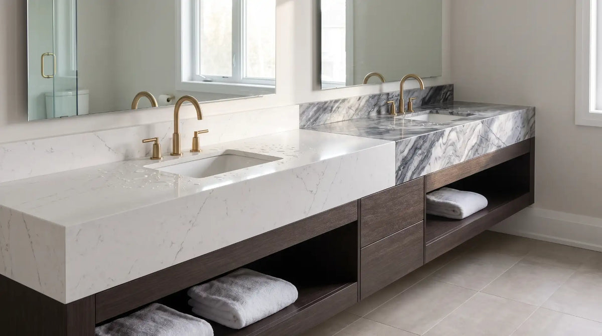 Quartz and marble bathroom vanity countertops compared in a modern Canadian bathroom, showing differences in appearance, durability, maintenance, and luxury design.