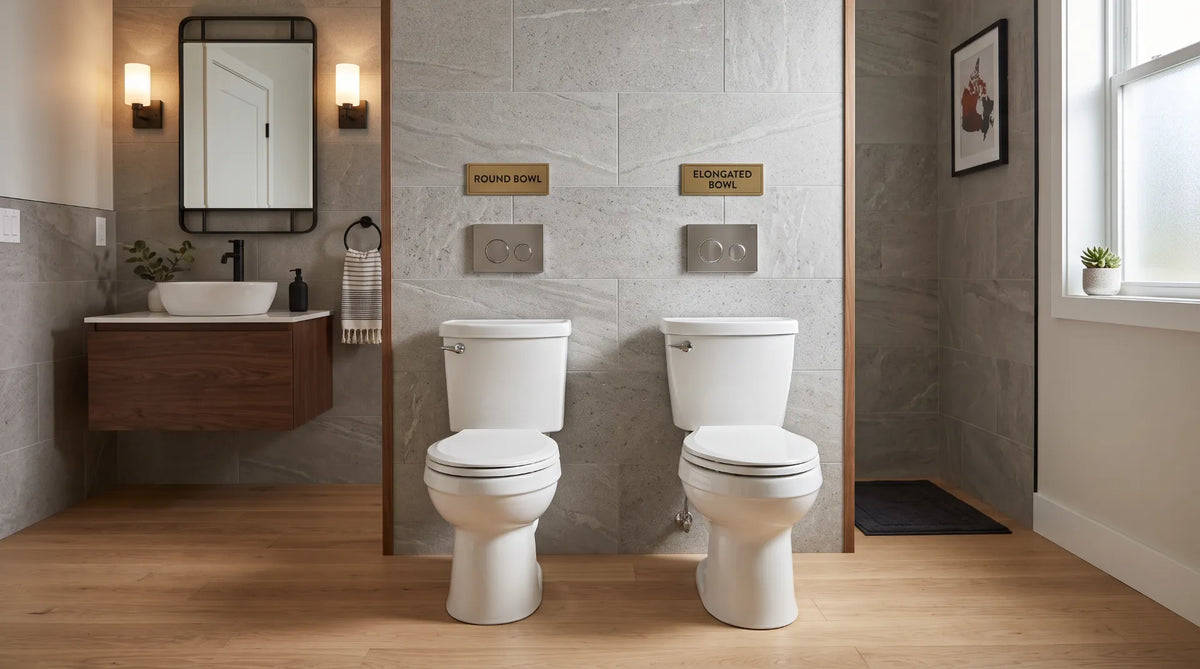 Close-up comparison of round and elongated white ceramic toilet bowls installed in a modern Canadian powder room