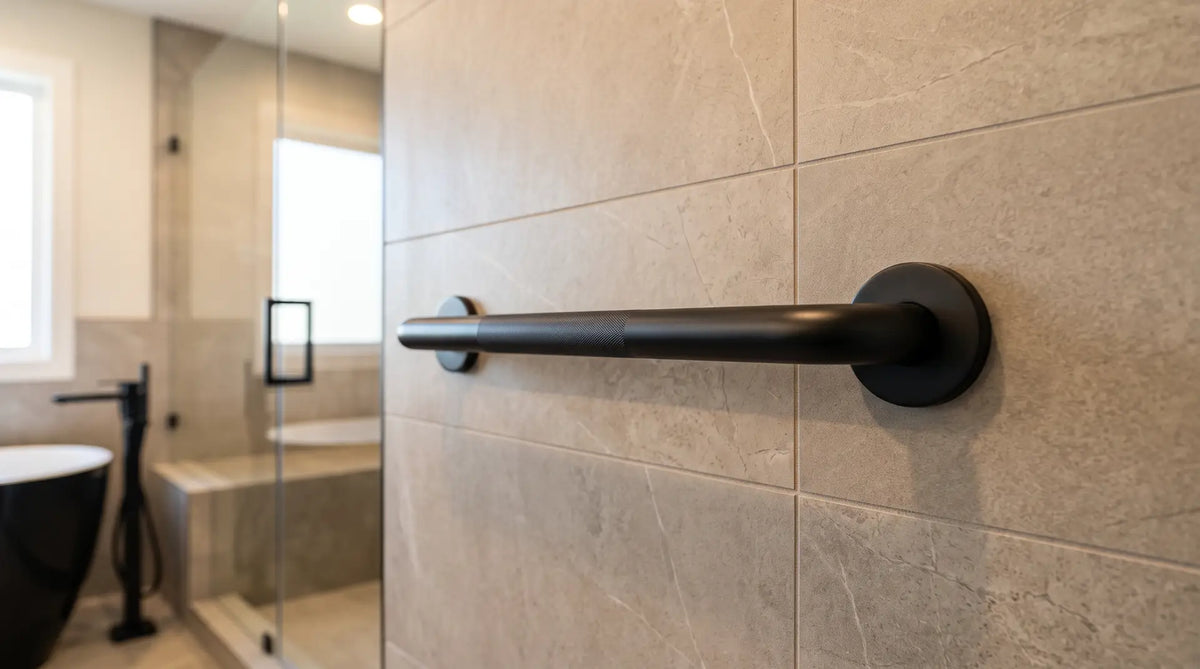 Sleek matte black decorative grab bar securely mounted on a modern tiled shower wall in an accessible Canadian bathroom.