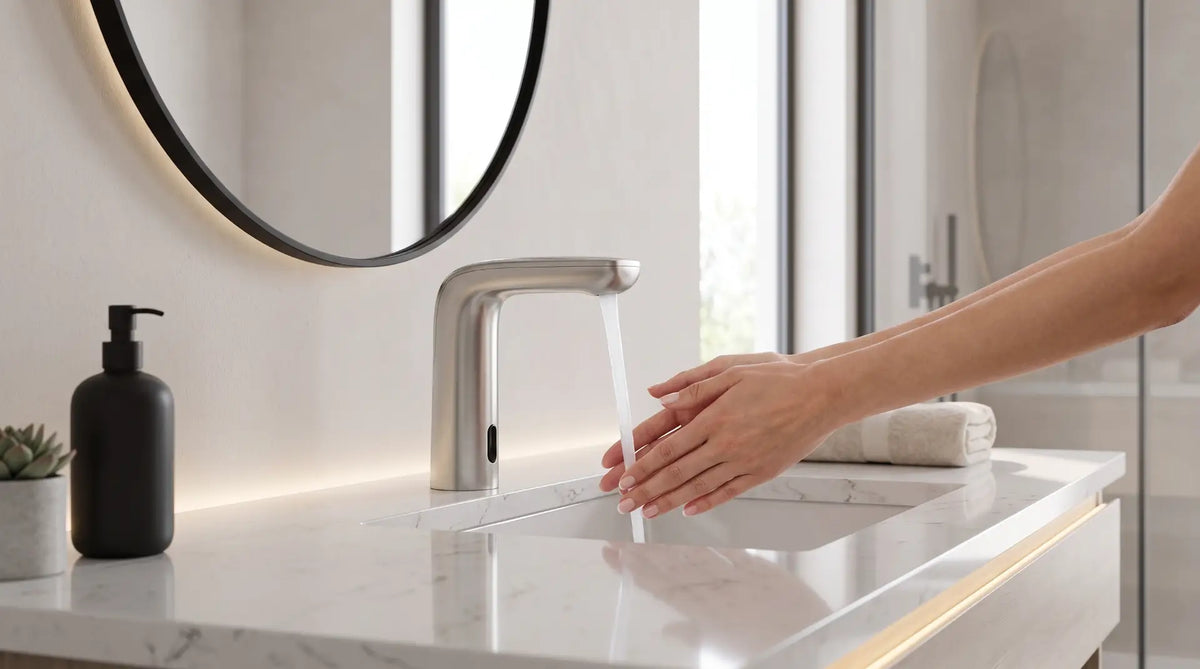Modern touchless bathroom faucet automatically dispensing water into a white sink in a luxury Canadian bathroom, demonstrating hands free sensor technology.