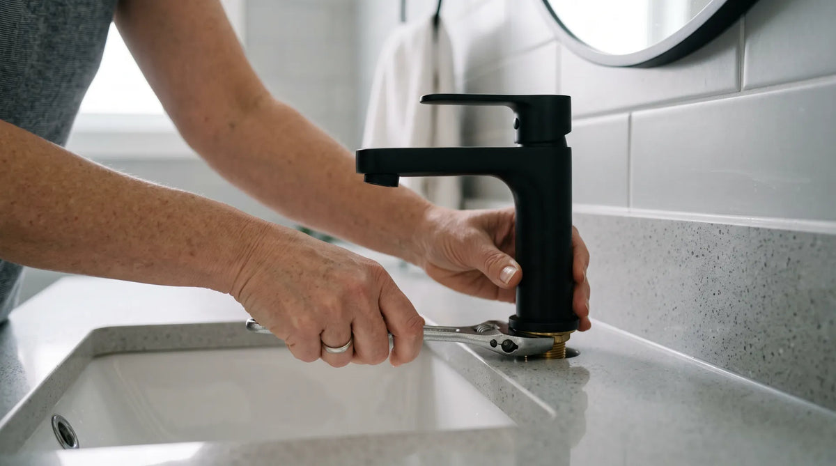 Installing a modern bathroom faucet on a vanity with plumbing tools and braided supply lines in a contemporary Canadian bathroom.