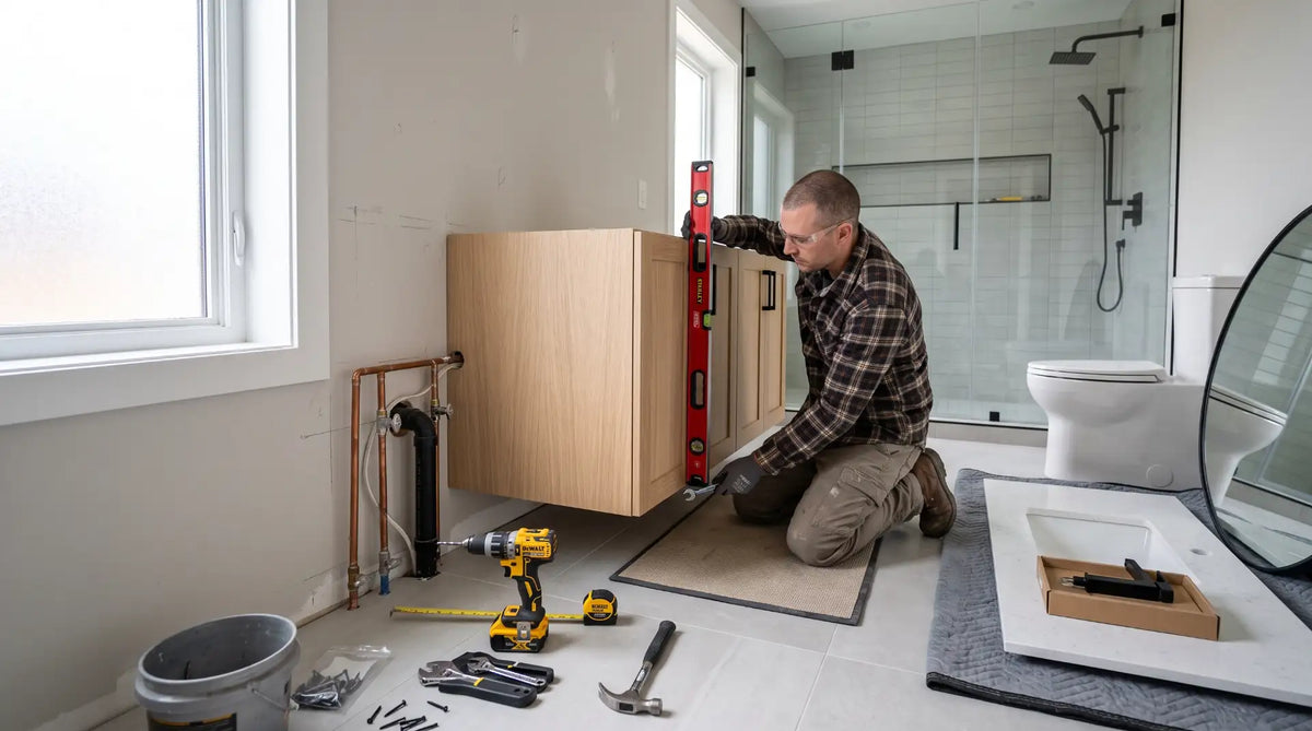 Homeowner installing a modern bathroom vanity in a Canadian bathroom during a DIY renovation with plumbing and levelling tools visible.