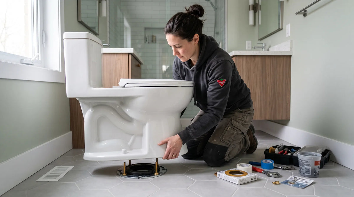 Canadian DIY homeowner carefully positioning a new white ceramic toilet bowl onto the floor flange during a bathroom renovation