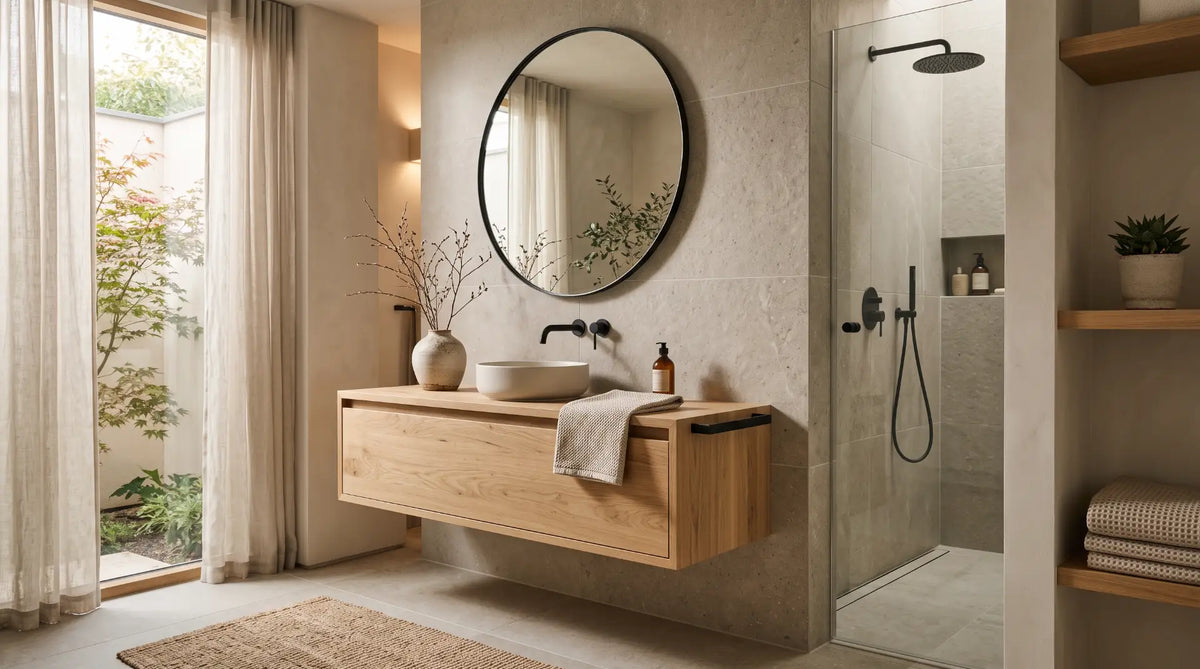 Modern Japandi bathroom interior featuring a light oak floating vanity, large-format greige stone tile, and matte black fixtures for a warm, minimalist spa aesthetic.