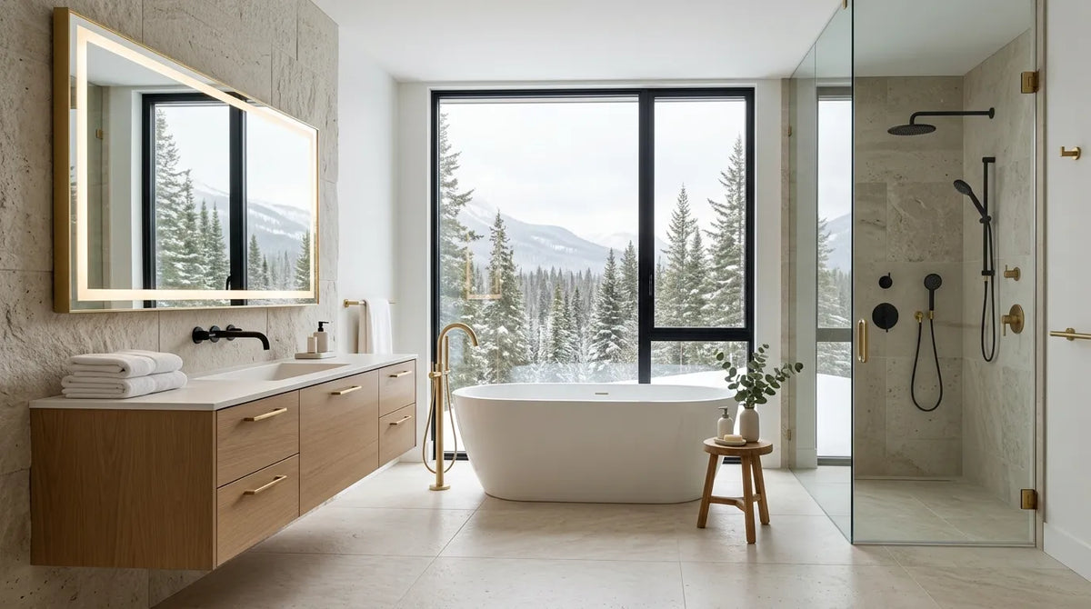Modern luxury Canadian bathroom featuring a floating wood vanity, matte black faucet, LED mirror, freestanding bathtub, and contemporary bathroom fixture trends for 2026.